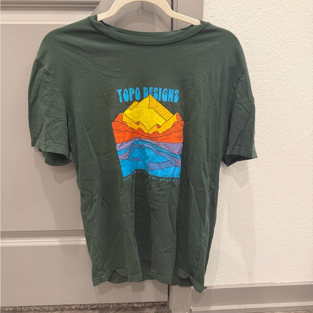 Topo Designs Forest Green Short Sleeve Tee with Multicolor Mountain Graphic
